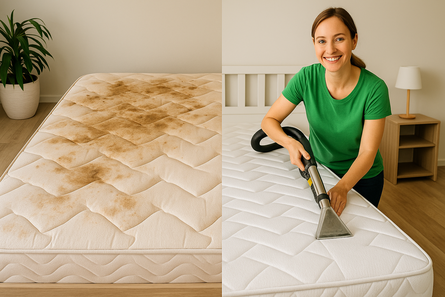 Mattress before/after — dust mites and stains removed by professional cleaning